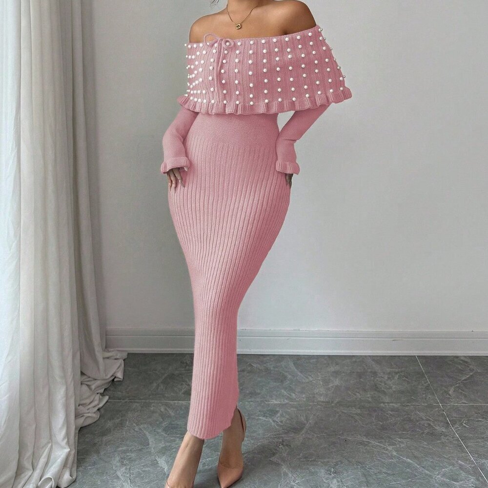 Pink Elegant Women's Bow Tie Long Sleeve Sweater with Faux Pearl Decor